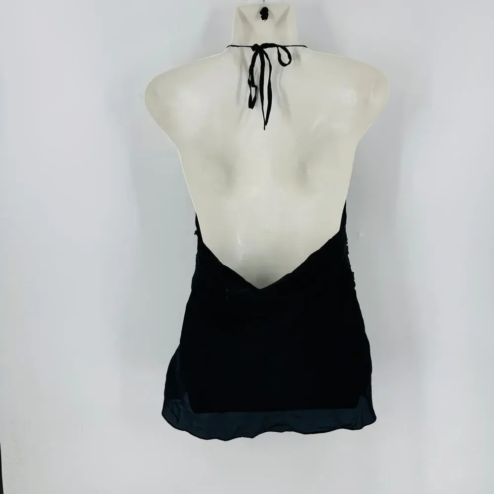 Vintage Y2K Express Black Silk Halter Top Plunge Backless Cami Size M Medium - Picture 2 of 7